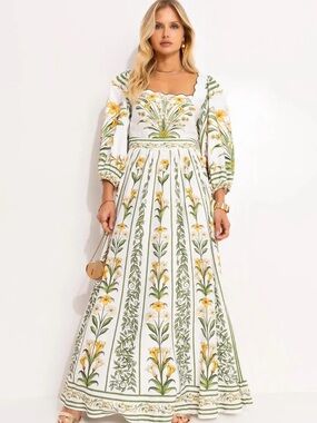 EUC FARM Rio White Maxi Dress with Yellow Floral & Green Motif
